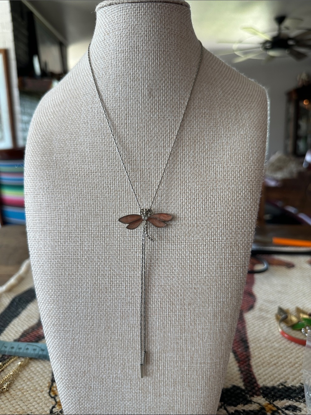 Silver Tone Dragonfly Lariat Necklace with Pink Enamel Wings